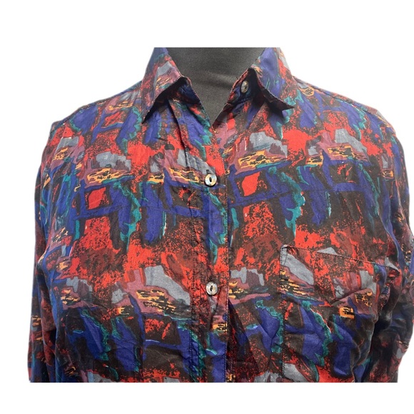 LONG SLEEVE BUTTON DOWN ART PRINT SILK BROUSE SIZE LARGE VINTAGE. - Picture 3 of 10